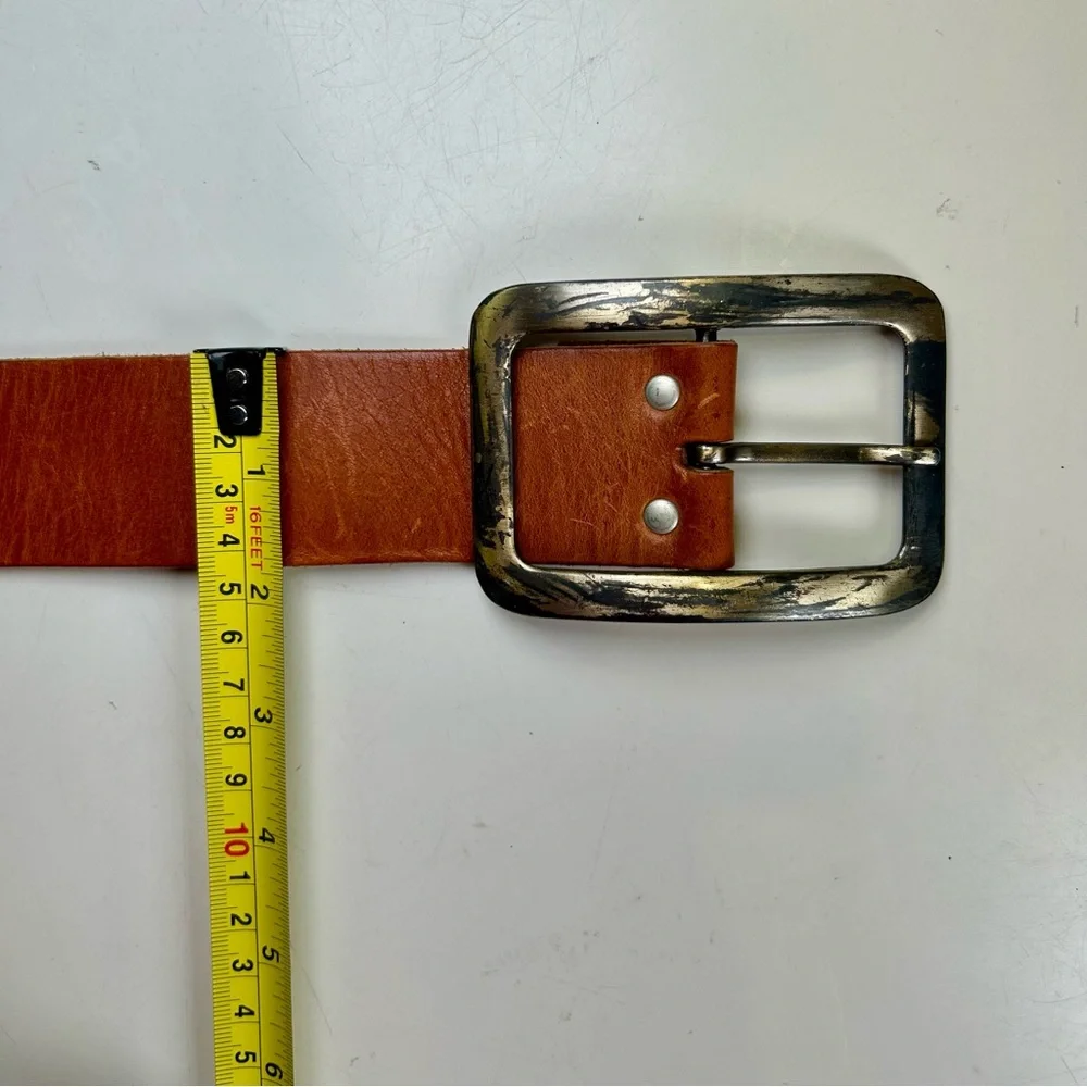 H&M Wide Brown Leather Belt, Unisex, Distressed Silver Buckle Size 33-34 - Picture 6 of 10